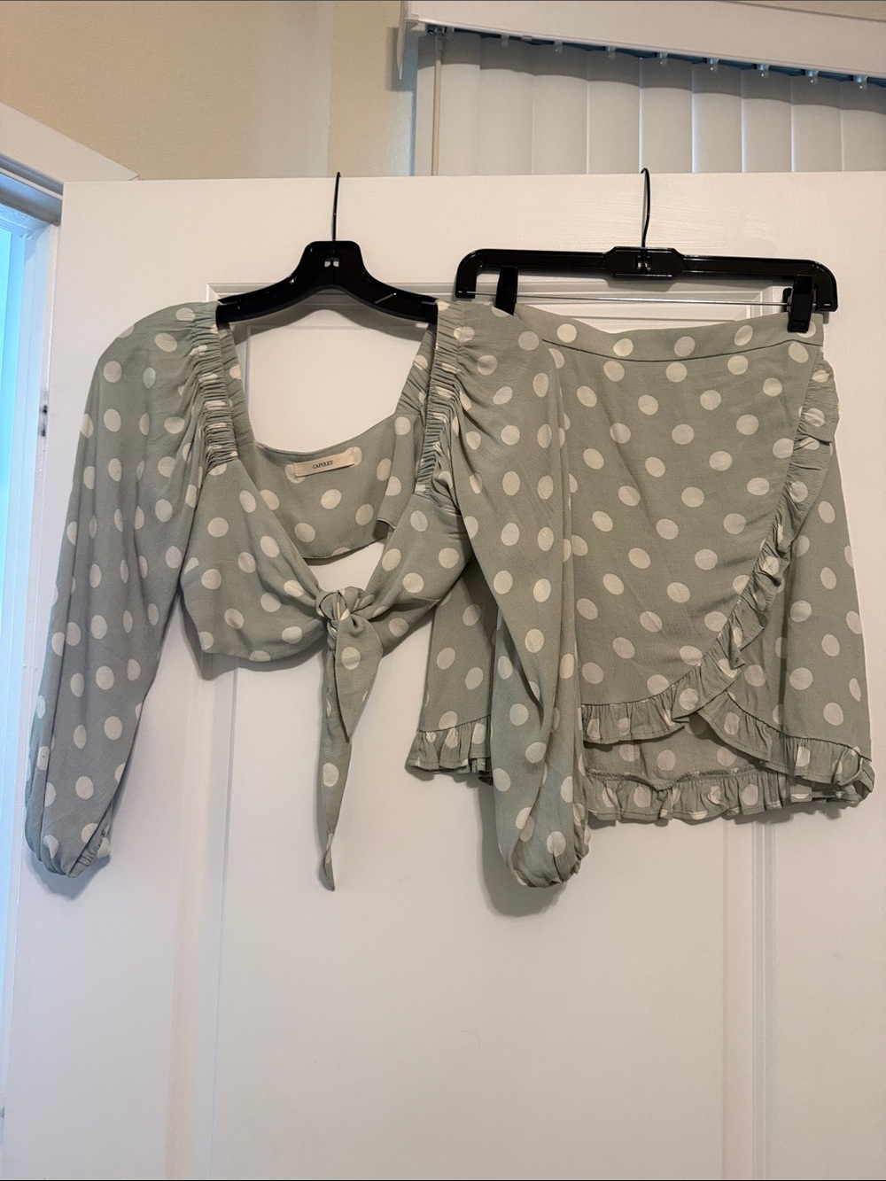 Capulet Sage Green Polka Dot Tie-Front Crop Top